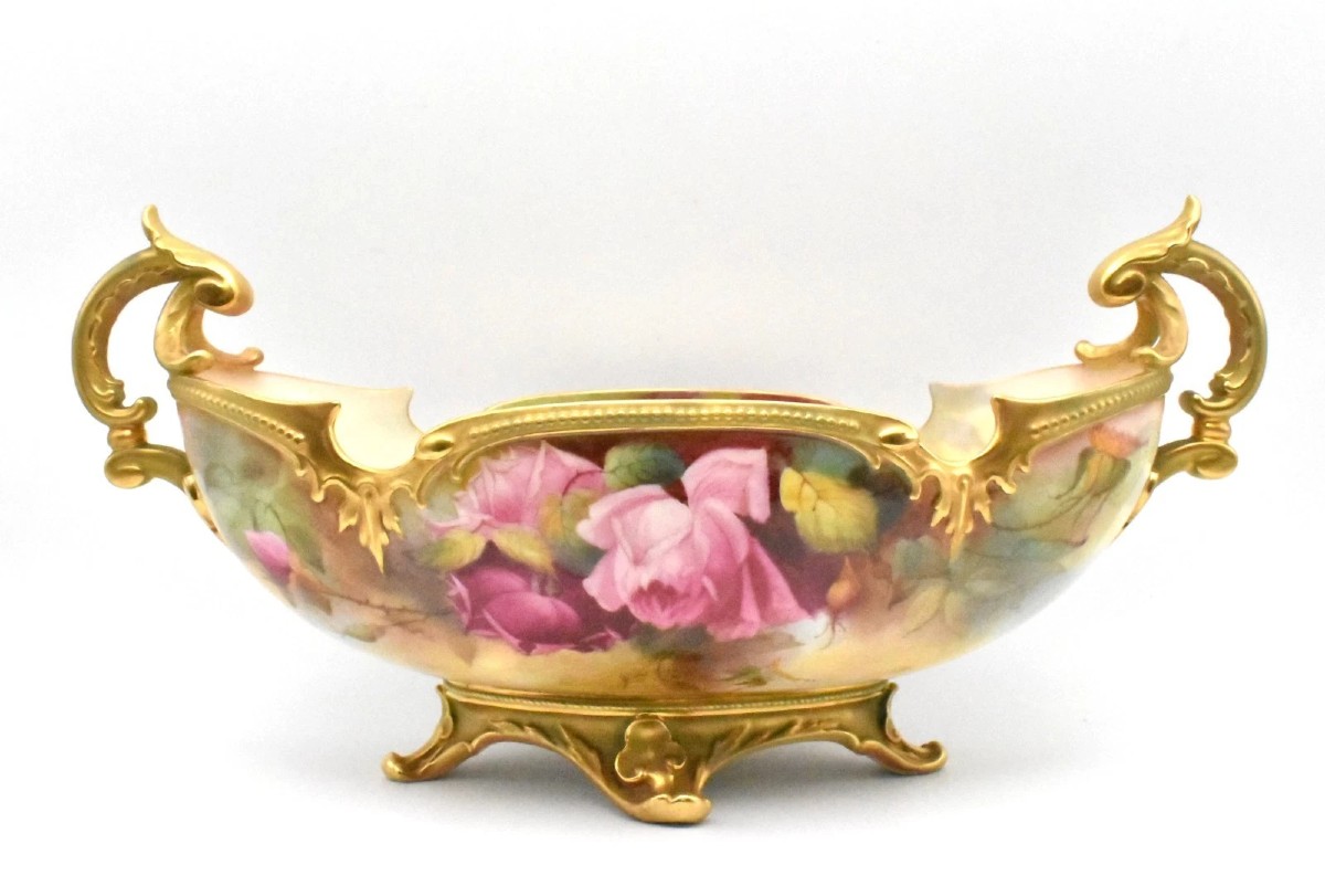 Bol ancien Royal Worcester en forme de bateau, peint à la main, signé J. Southall, vers 1912
