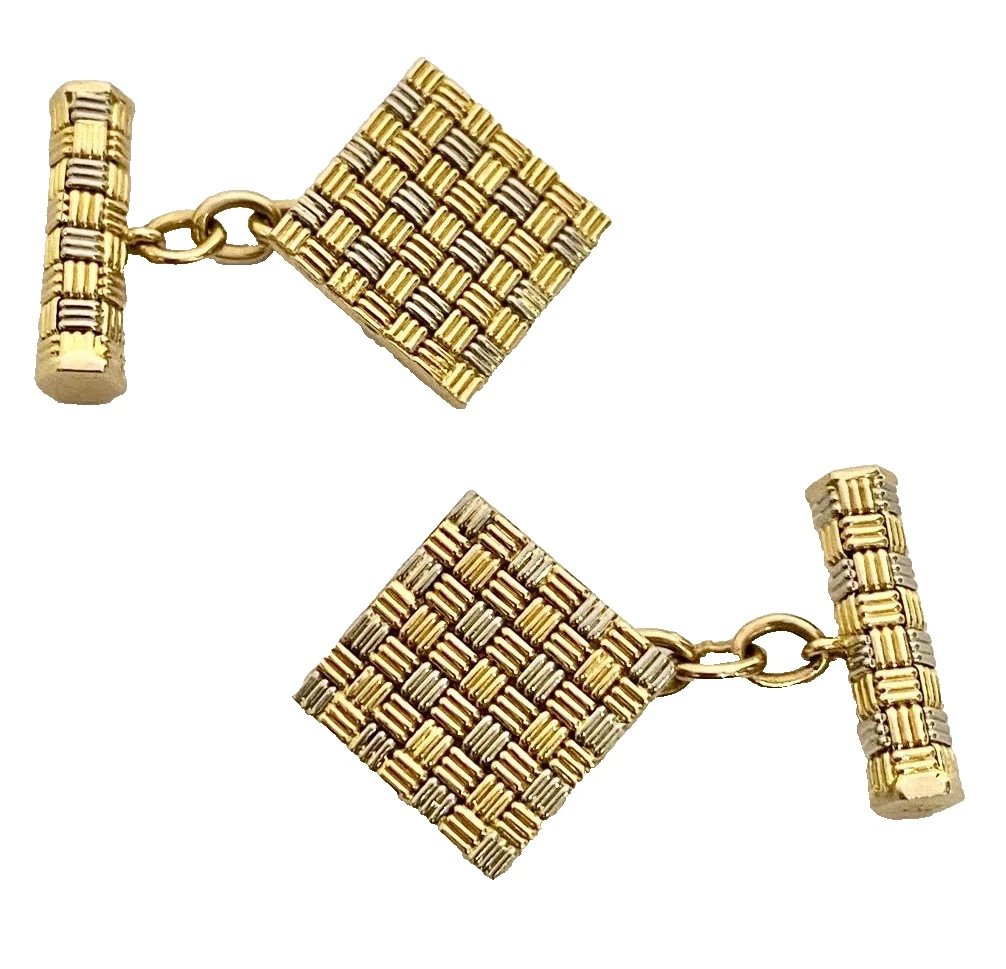 Vintage Mid Century Roy King 18ct Yellow & White Gold Basketweave Cufflinks 60's-photo-2
