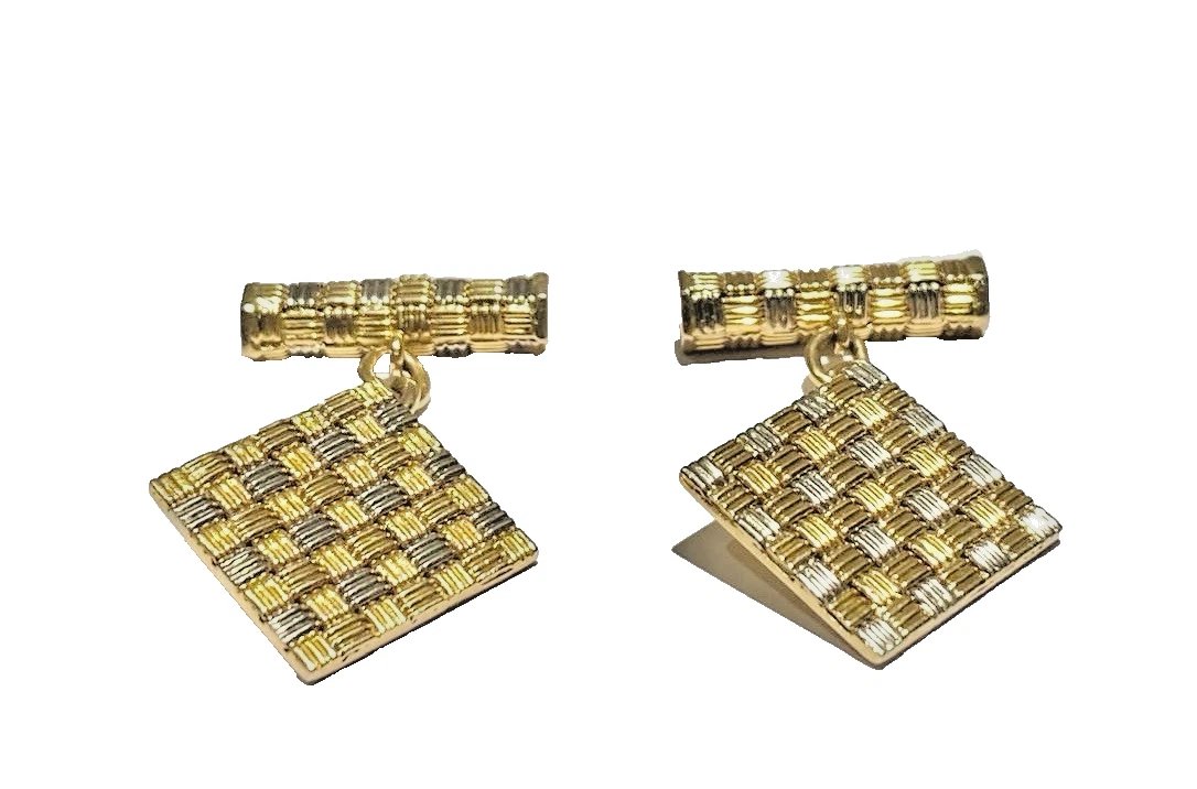 Vintage Mid Century Roy King 18ct Yellow & White Gold Basketweave Cufflinks 60's-photo-3