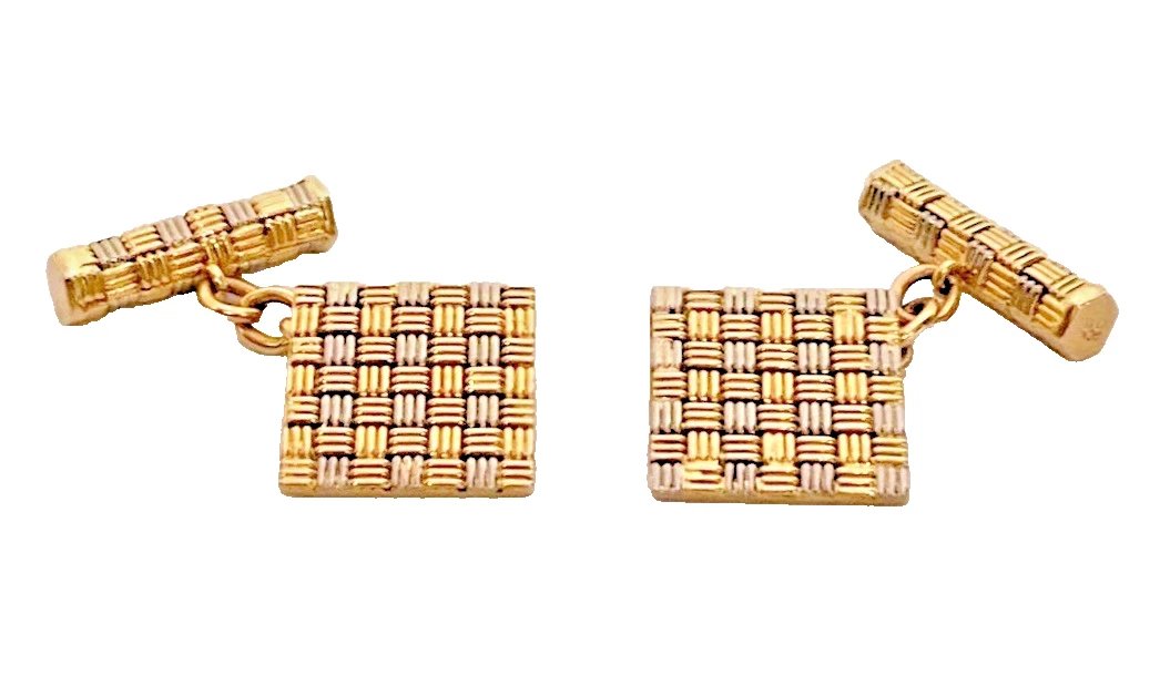 Vintage Mid Century Roy King 18ct Yellow & White Gold Basketweave Cufflinks 60's-photo-4