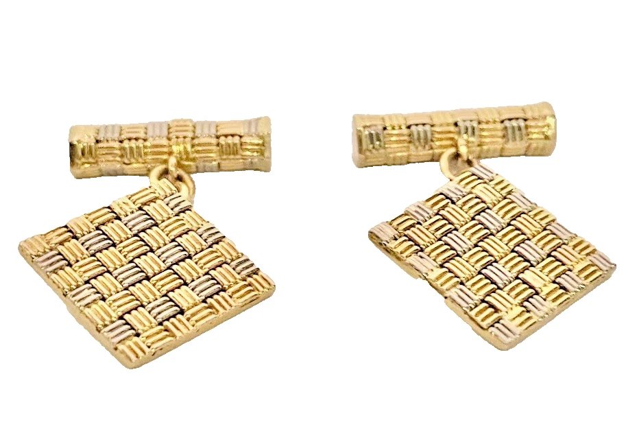 Vintage Mid Century Roy King 18ct Yellow & White Gold Basketweave Cufflinks 60's-photo-3