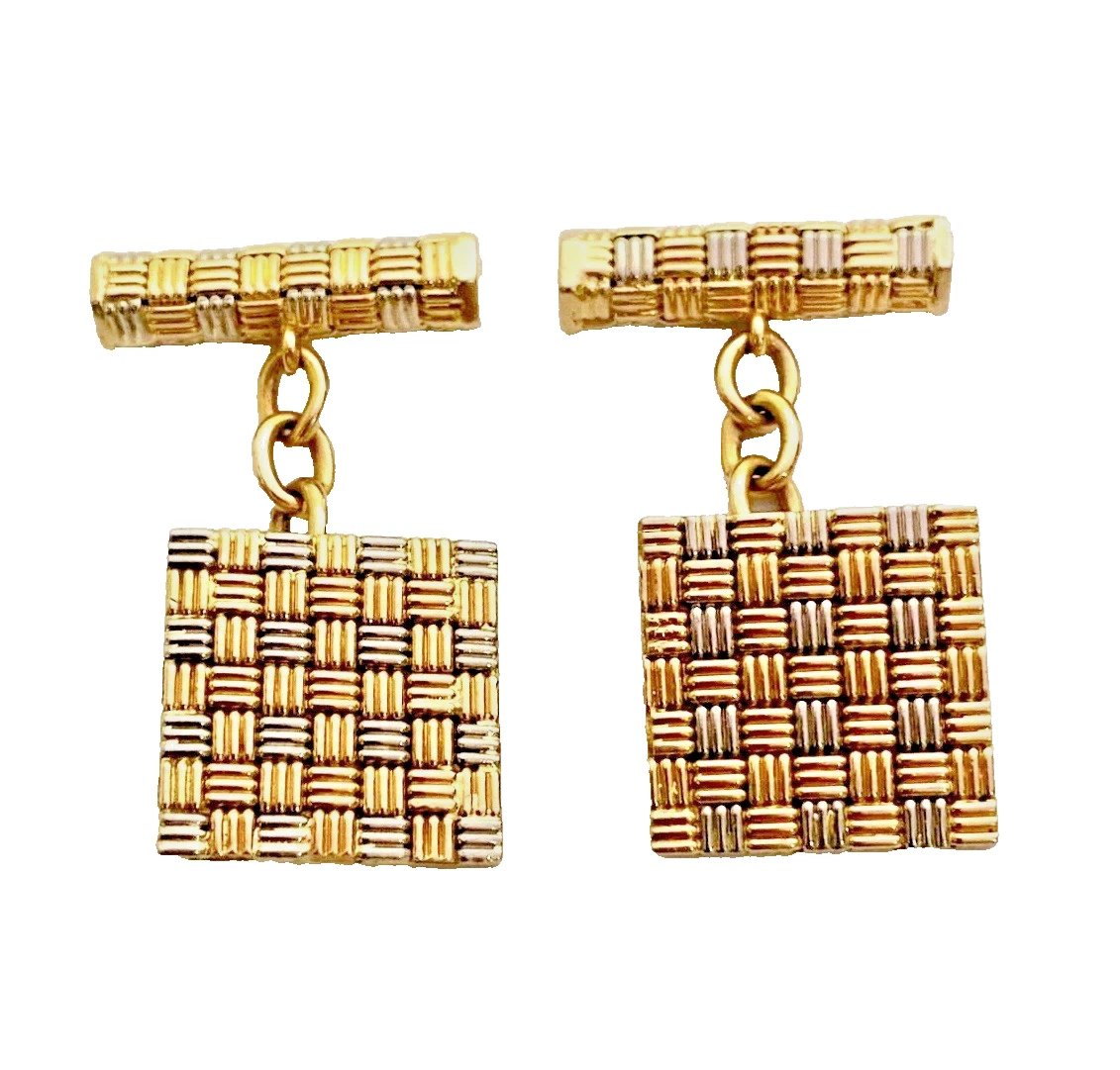 Vintage Mid Century Roy King 18ct Yellow & White Gold Basketweave Cufflinks 60's-photo-5