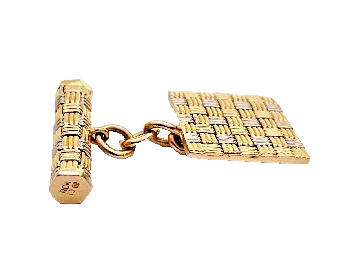 Vintage Mid Century Roy King 18ct Yellow & White Gold Basketweave Cufflinks 60's-photo-6