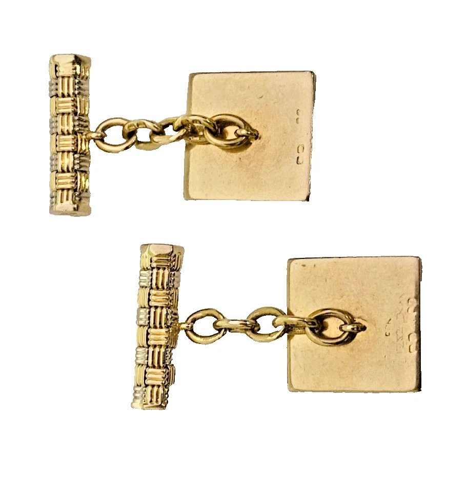 Vintage Mid Century Roy King 18ct Yellow & White Gold Basketweave Cufflinks 60's-photo-8
