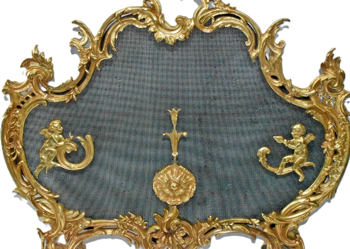 Antique French Rococo Gilt Bronze Fireplace Screen Cherubs Louis XV Style C 1890-photo-3