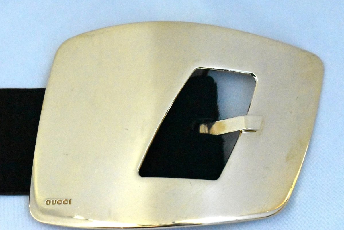 A Rare Vintage Gucci Wide Leather Belt With 3 Abstract Gold-plated "g" Buckles-photo-1