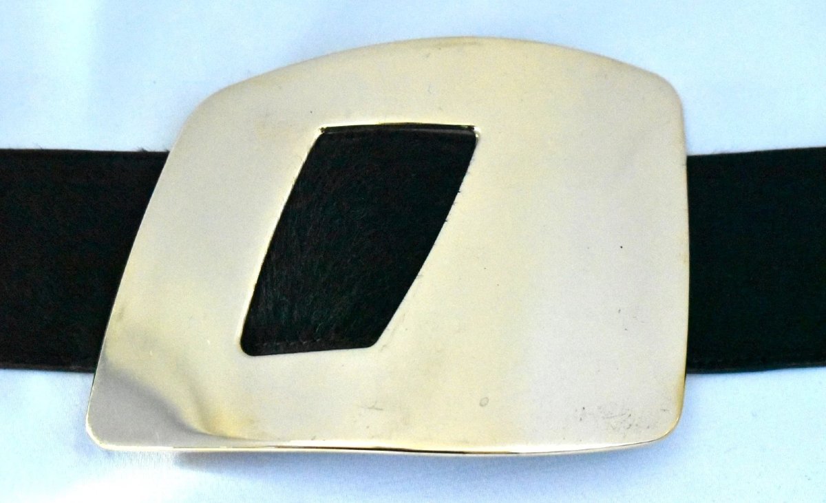 A Rare Vintage Gucci Wide Leather Belt With 3 Abstract Gold-plated "g" Buckles-photo-2