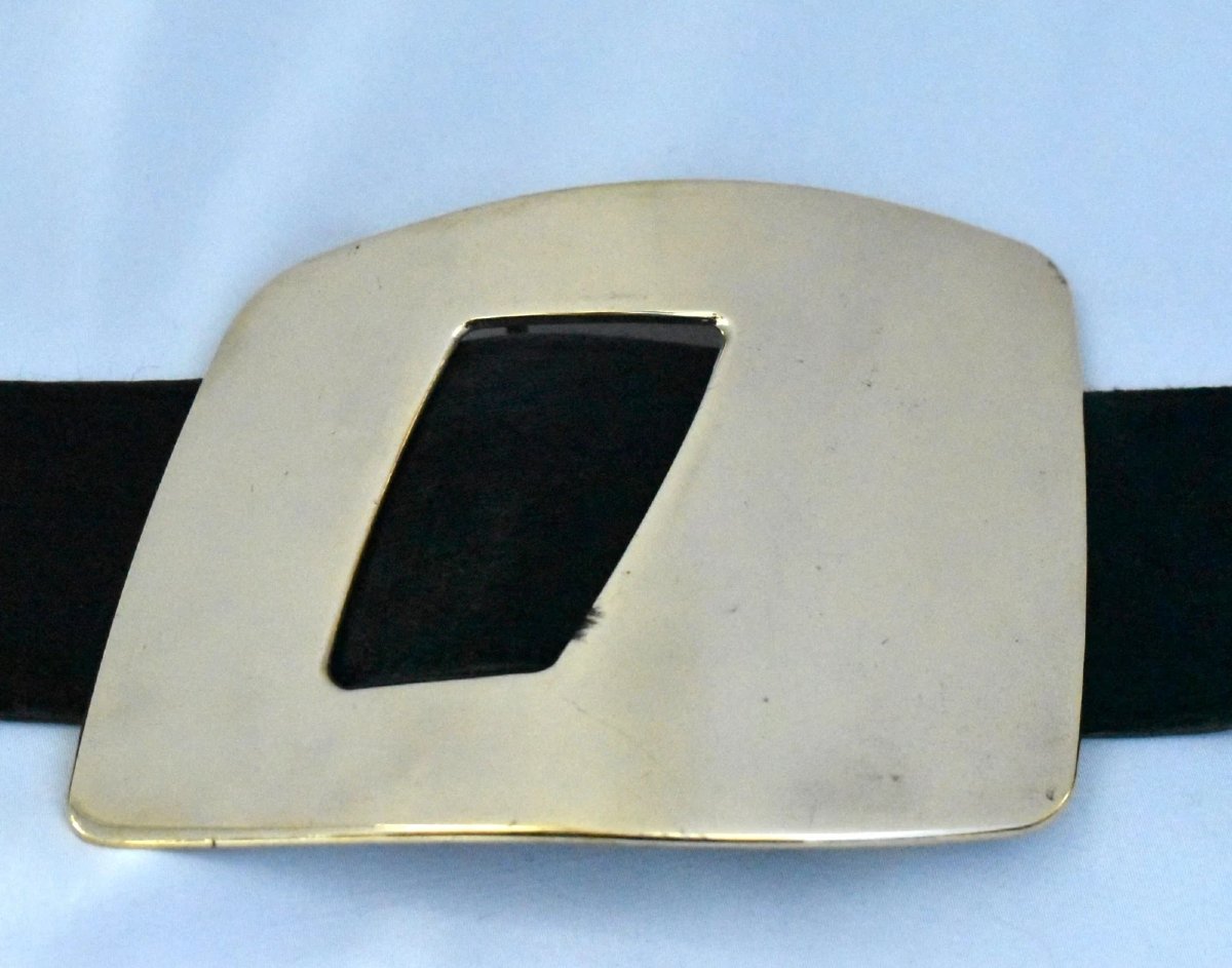 A Rare Vintage Gucci Wide Leather Belt With 3 Abstract Gold-plated "g" Buckles-photo-4