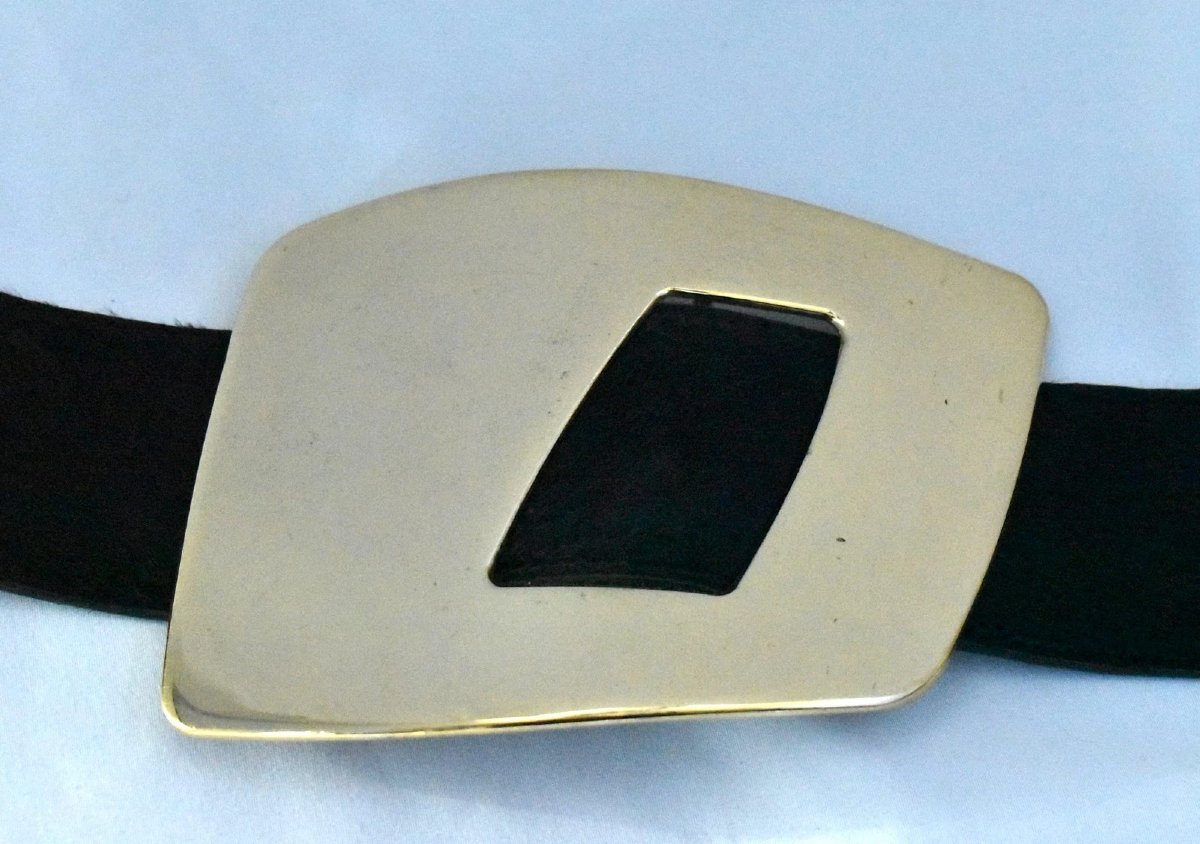 A Rare Vintage Gucci Wide Leather Belt With 3 Abstract Gold-plated "g" Buckles-photo-5