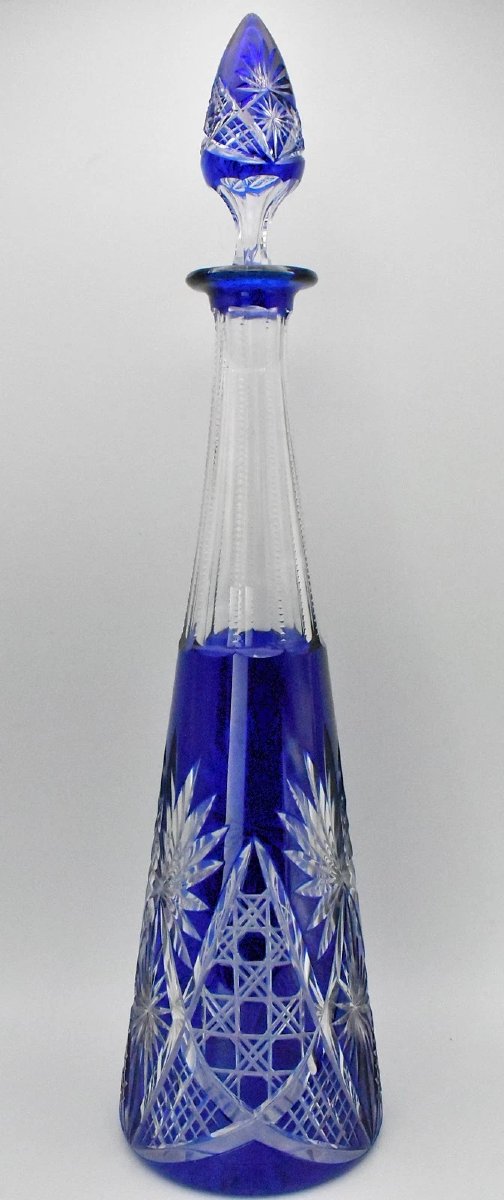 Carafe et bouchon en cristal taillé bleu cobalt Saint Louis Massenet vintage, fabrication franç-photo-2