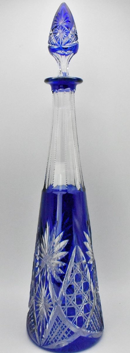 Carafe et bouchon en cristal taillé bleu cobalt Saint Louis Massenet vintage, fabrication franç-photo-4