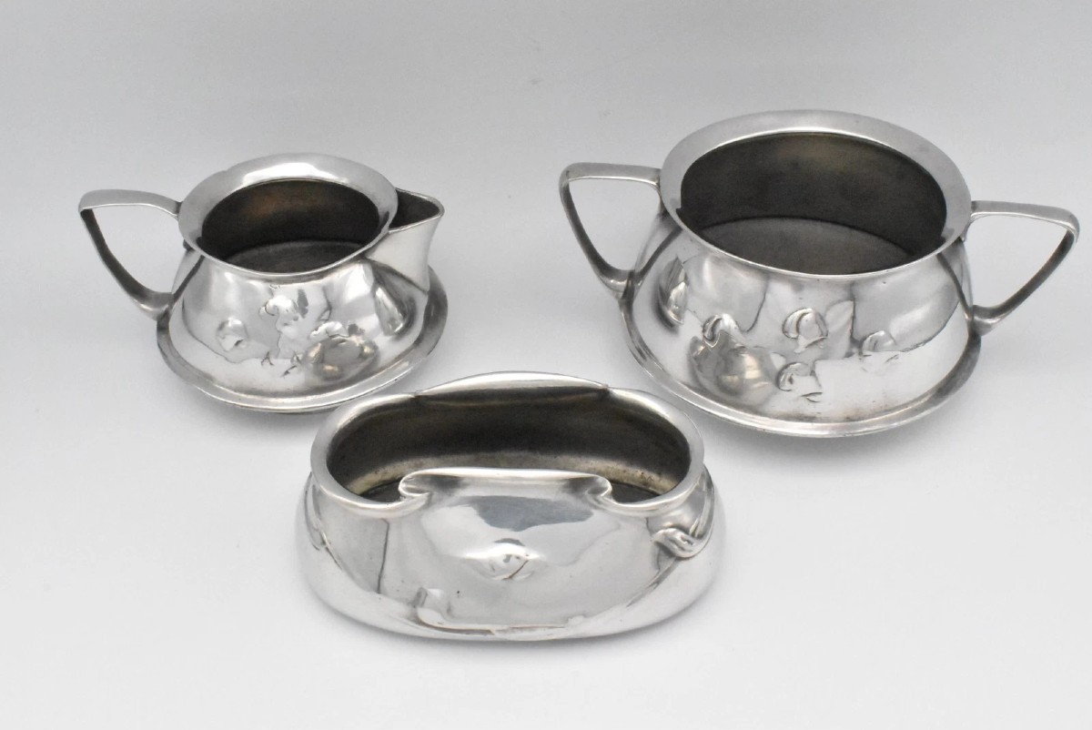 Tudric Pewter Sugar Bowls And Cream Jug Set By Archibald Knox For Liberty & Co