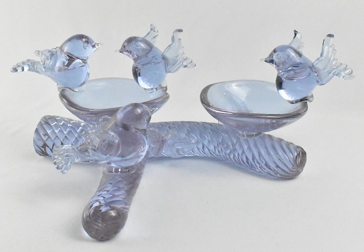 Large Signed Purple Art Glass Centerpiece Dish Featuring Four Birds On A Branch-photo-2