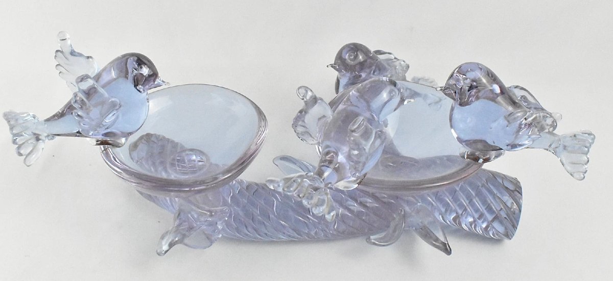 Large Signed Purple Art Glass Centerpiece Dish Featuring Four Birds On A Branch-photo-1