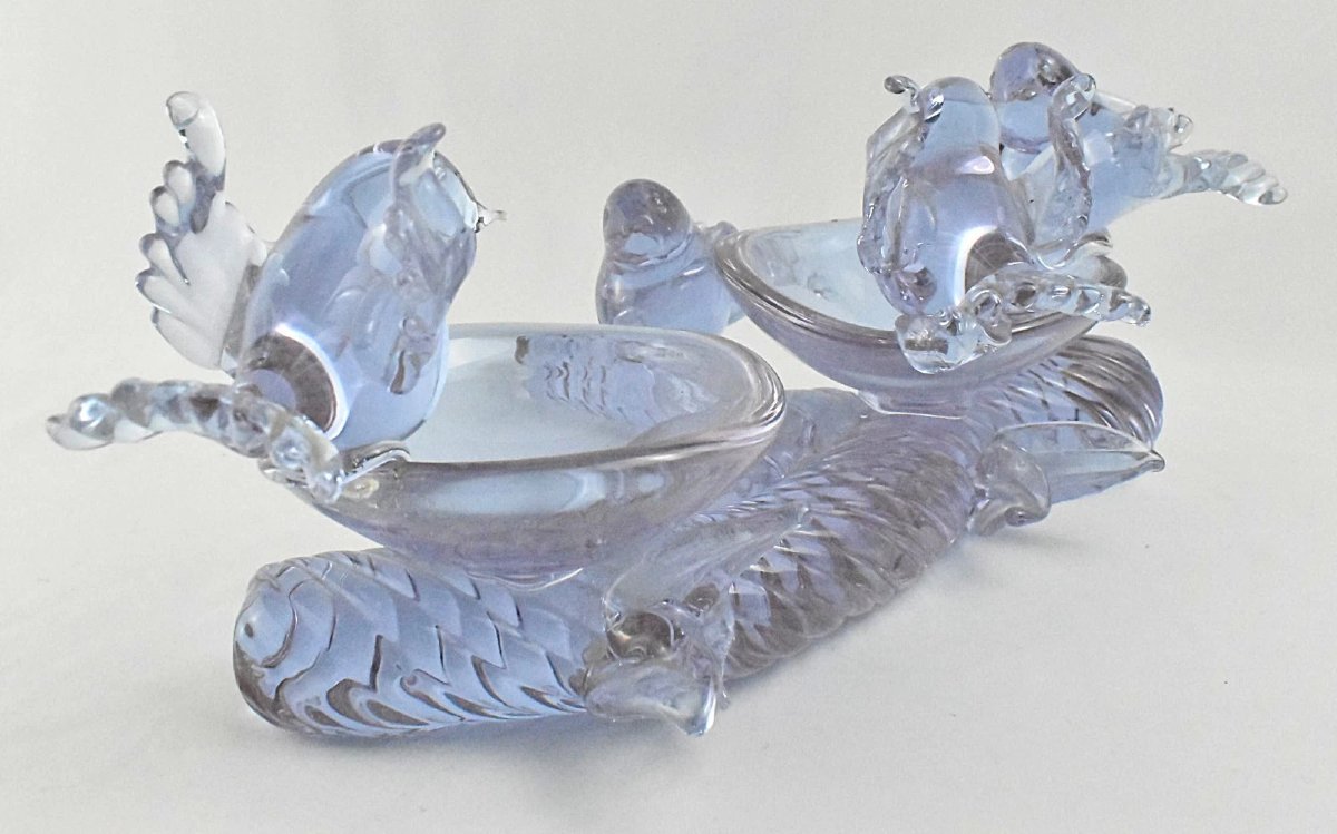 Large Signed Purple Art Glass Centerpiece Dish Featuring Four Birds On A Branch-photo-2