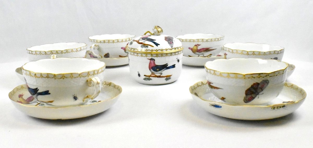 Lot de 6 tasses à thé et soucoupes Herend Rothschild à motif Oiseau (RO) et sucrier avec couver-photo-2