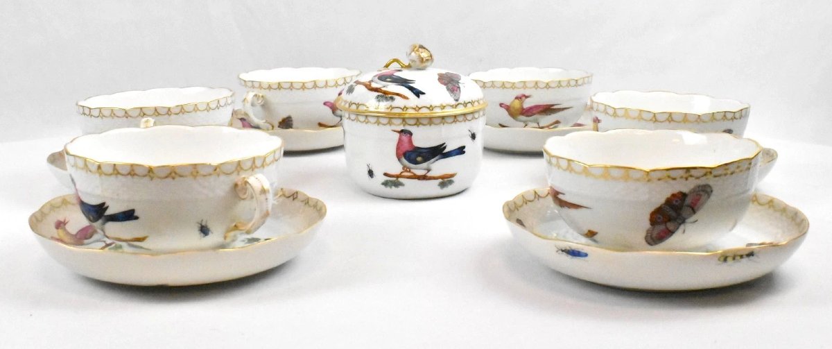 Lot de 6 tasses à thé et soucoupes Herend Rothschild à motif Oiseau (RO) et sucrier avec couver-photo-3
