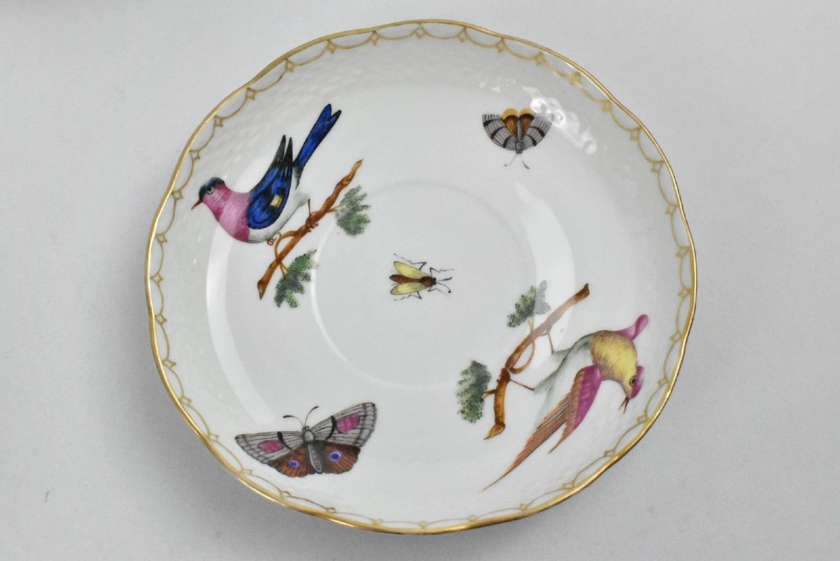 Lot de 6 tasses à thé et soucoupes Herend Rothschild à motif Oiseau (RO) et sucrier avec couver-photo-5