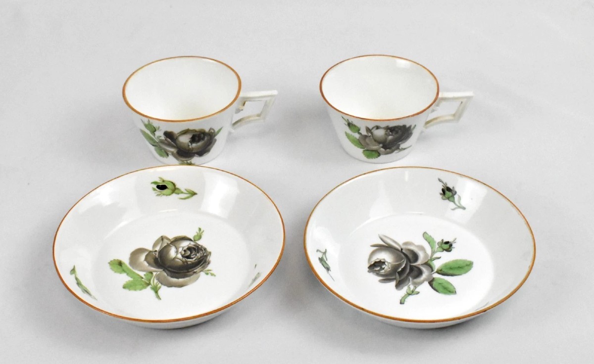 Meissen Porcelain Tea Set Hand Painted Black Or Midnight Rose Design