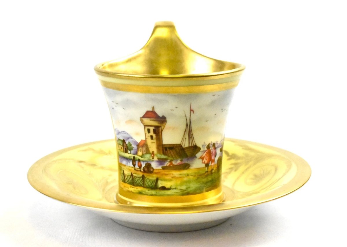 Antique Porcelain Cup & Saucer By Kpm Berlin Known As Topographical Cup-photo-5