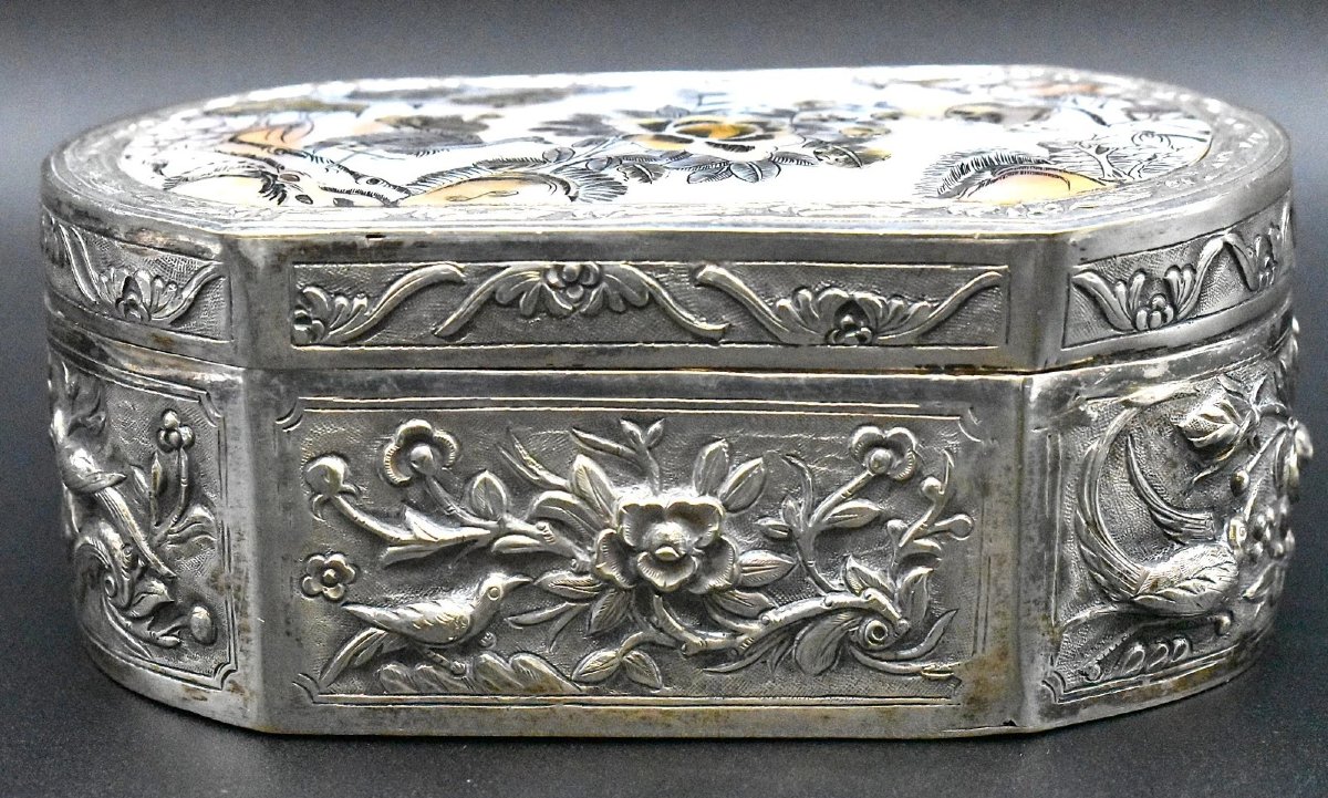 Boîte ancienne Qing chinoise en argent massif et émail, incrustée de nacre-photo-4