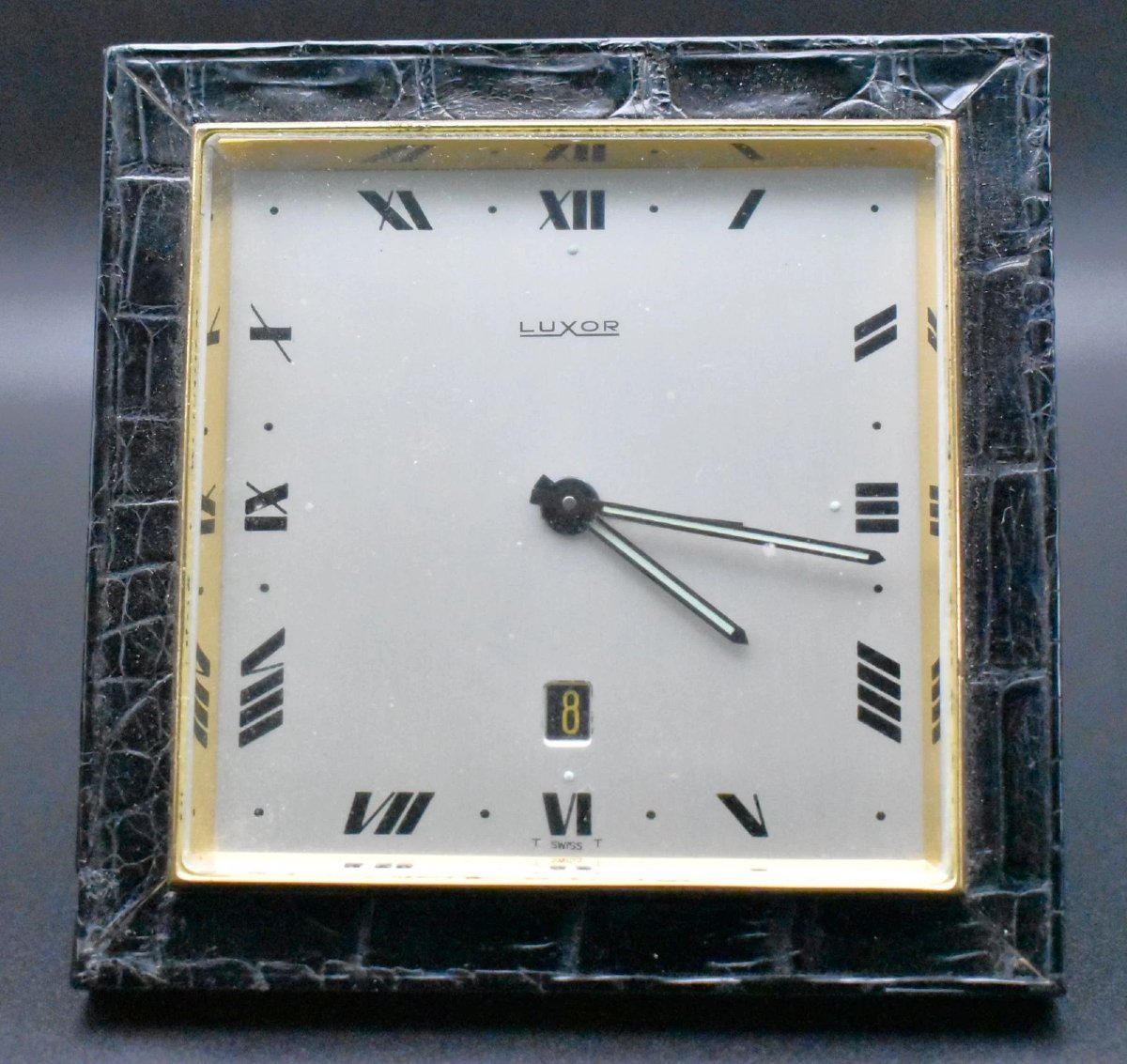 Réveil de voyage vintage Luxor suisse avec étui effet crocodile-photo-2