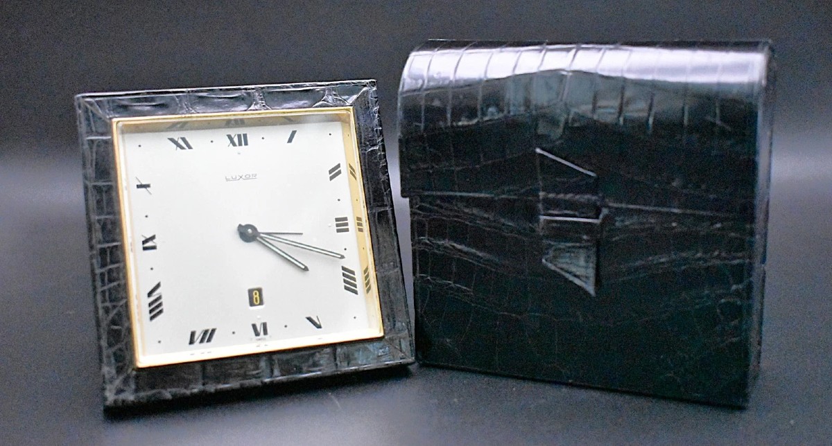 Réveil de voyage vintage Luxor suisse avec étui effet crocodile