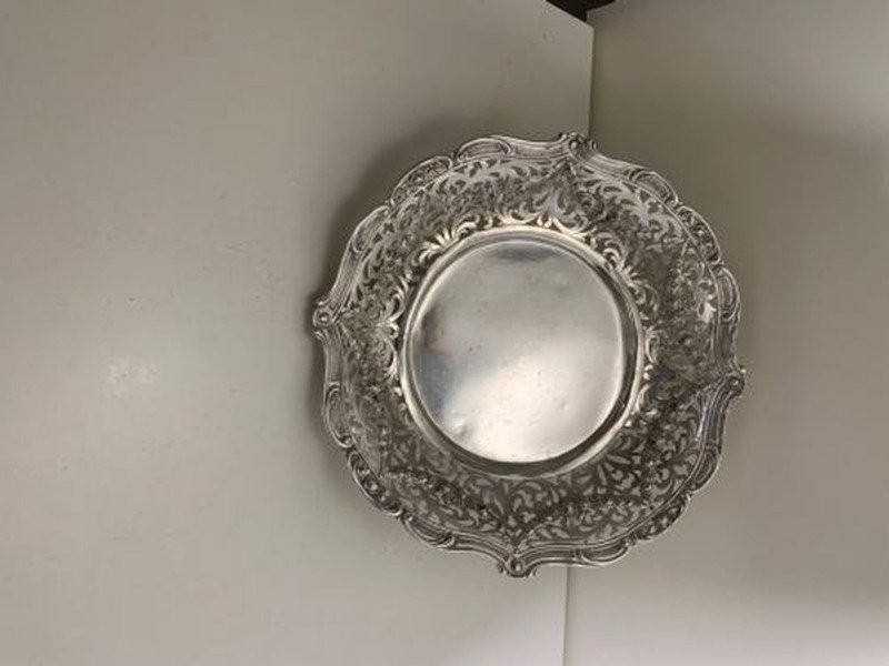 Grand panier à pain/bol en argent massif ajouré, poli antique.-photo-1