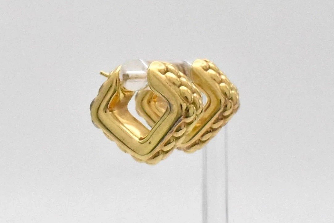 Boucles d'oreilles créoles triangulaires vintage italiennes FOPE en or jaune 18 carats, motif b-photo-3