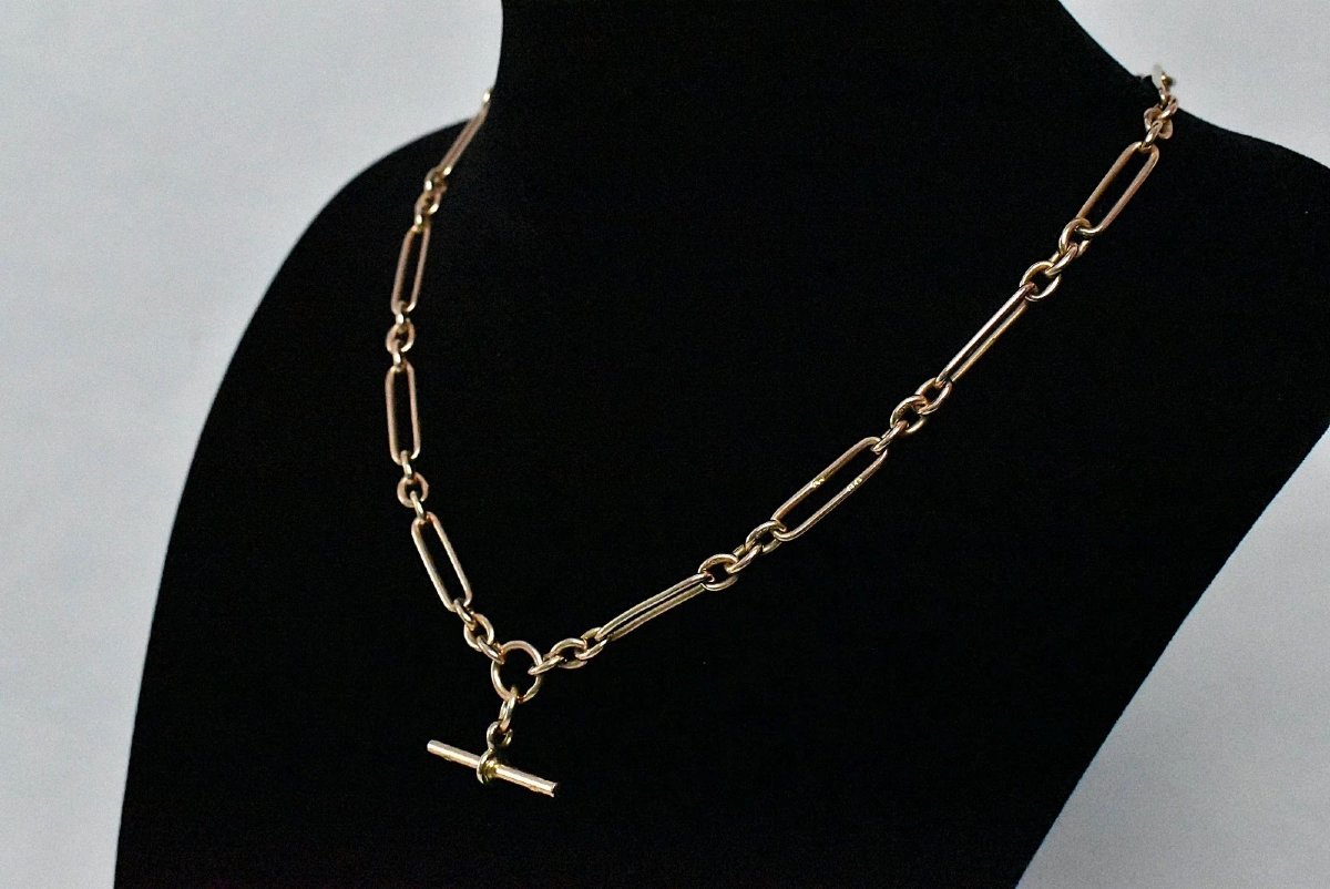 Chaîne trombone Albert ancienne victorienne en or rose 9 carats avec barre en T et pendentif.-photo-2