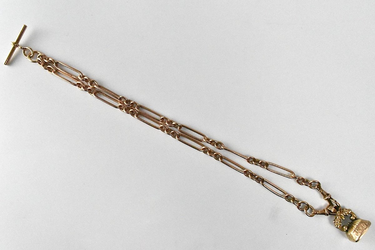 Chaîne trombone Albert ancienne victorienne en or rose 9 carats avec barre en T et pendentif.-photo-1