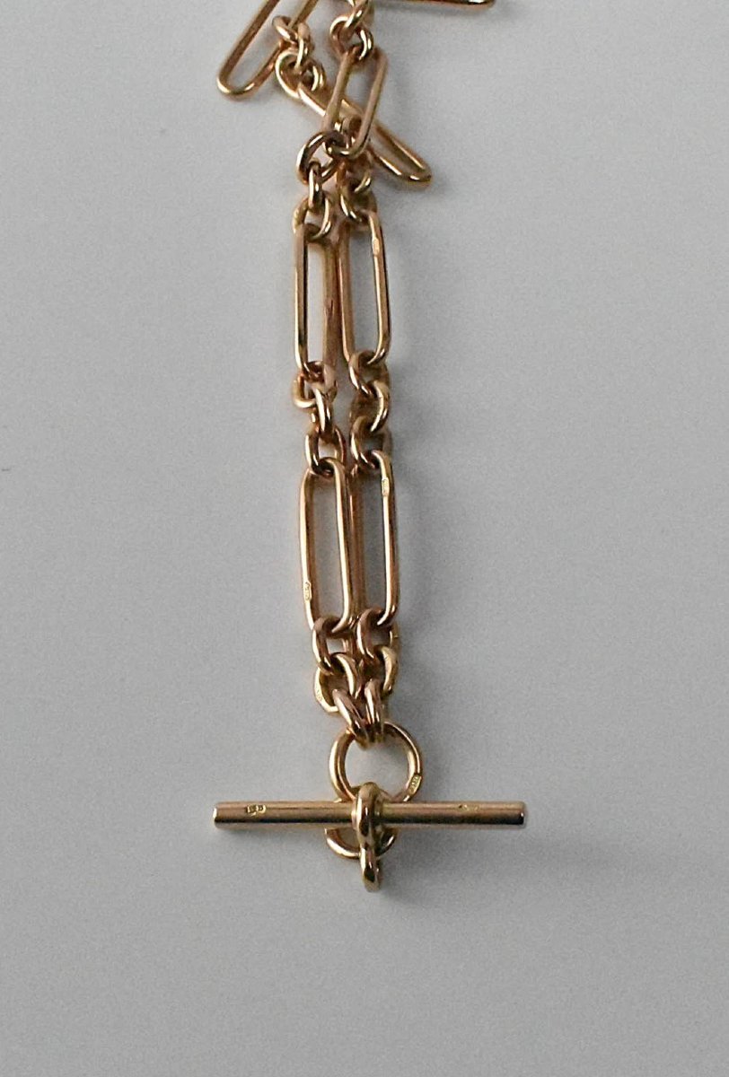 Chaîne trombone Albert ancienne victorienne en or rose 9 carats avec barre en T et pendentif.-photo-2