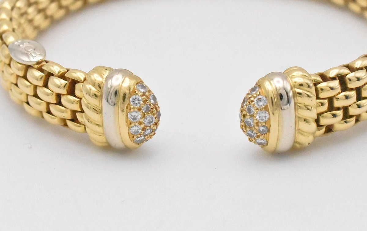 Vintage Italian Fope 18ct Yellow Gold &diamond Brick-pattern Bangle / Bracelet-photo-2