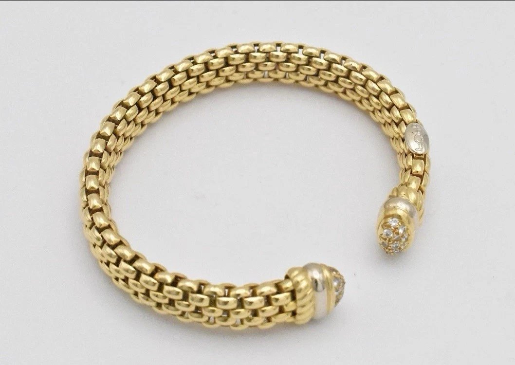 Vintage Italian Fope 18ct Yellow Gold &diamond Brick-pattern Bangle / Bracelet-photo-4
