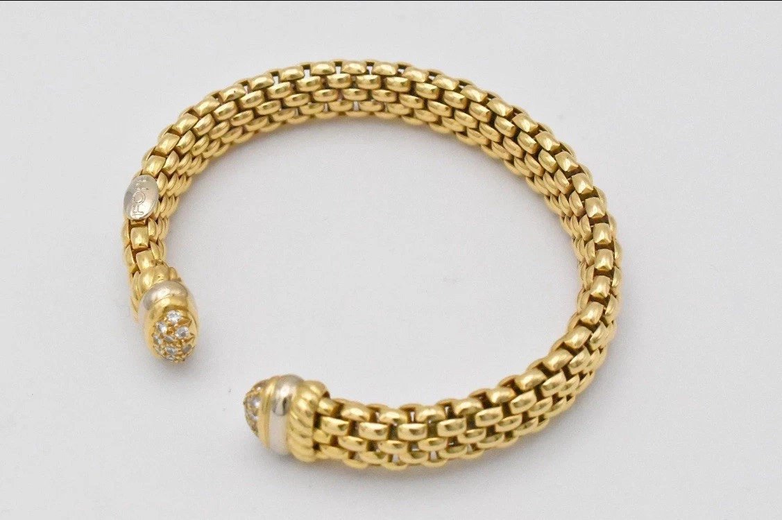 Vintage Italian Fope 18ct Yellow Gold &diamond Brick-pattern Bangle / Bracelet-photo-7