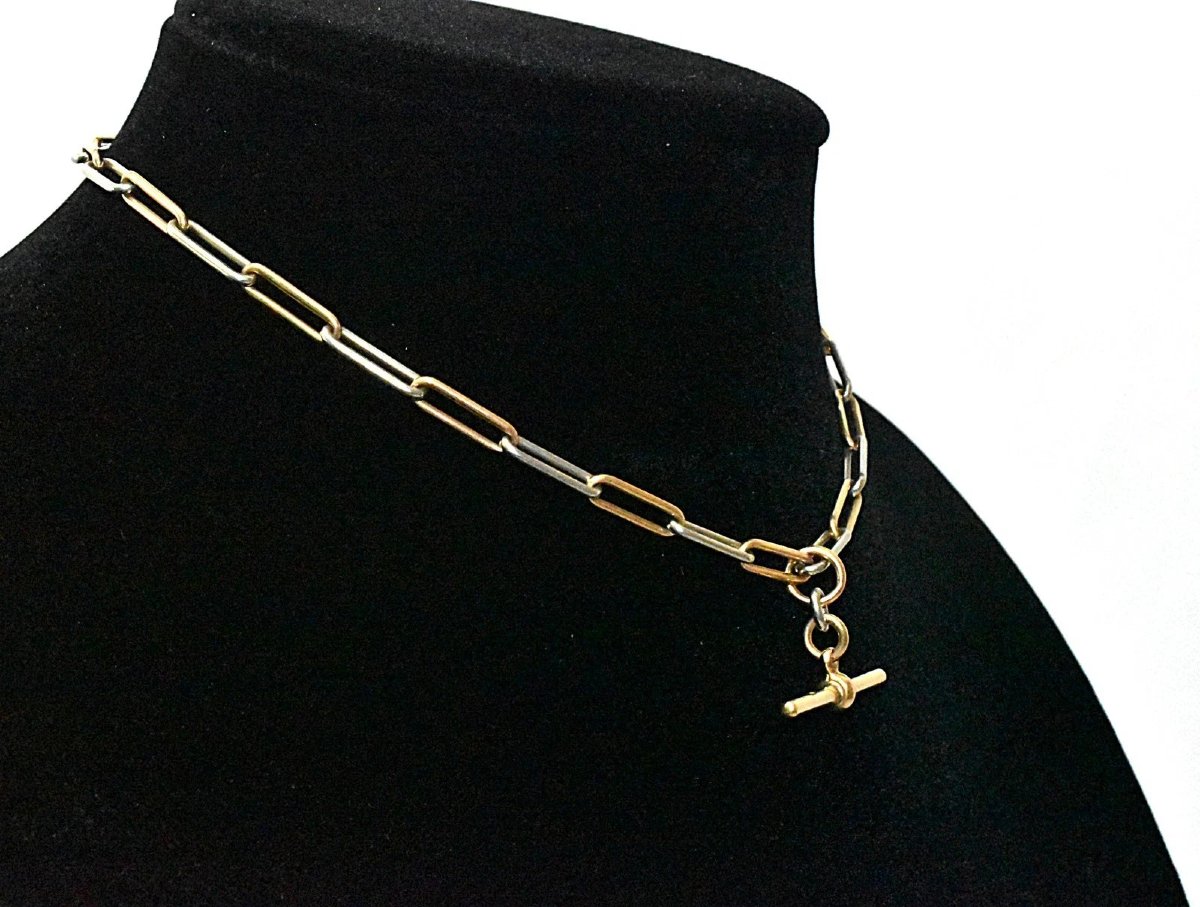 Collier chaîne Albert bicolore en or 18 carats et platine, à maillons trombone, 31 g-photo-2