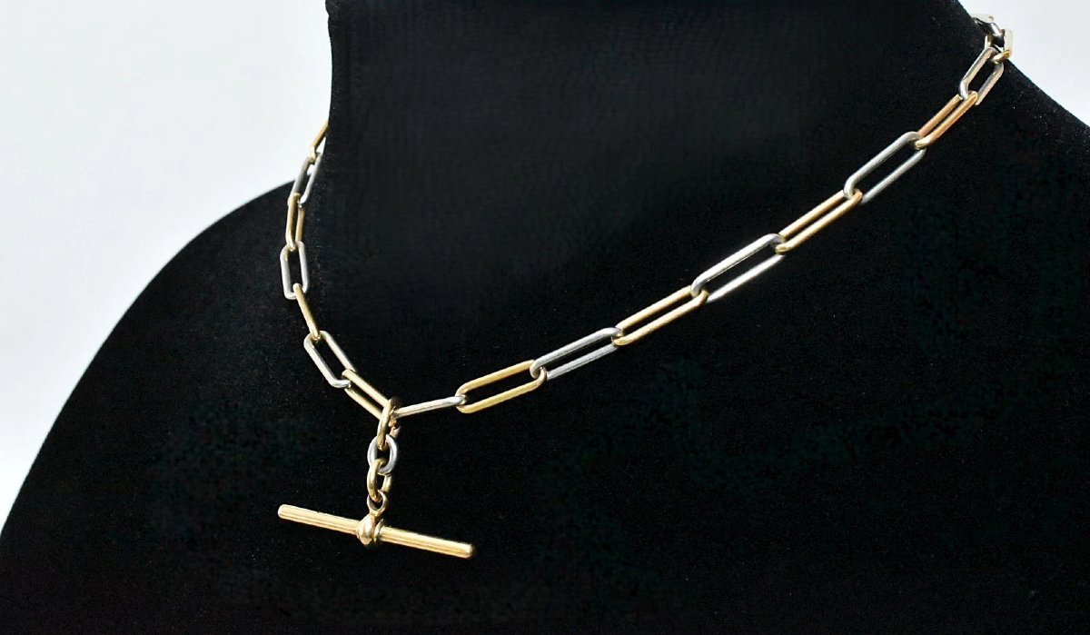 Collier chaîne Albert bicolore en or 18 carats et platine, à maillons trombone, 31 g-photo-3