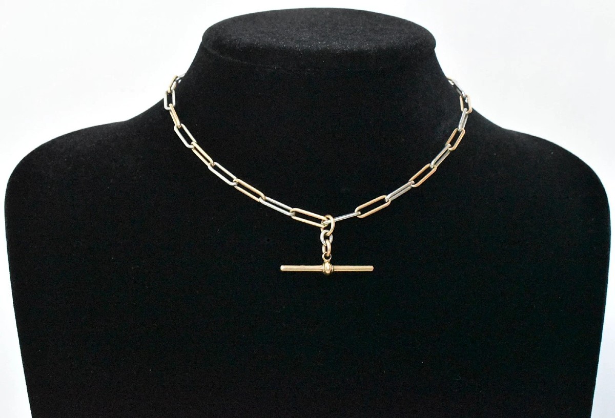 Collier chaîne Albert bicolore en or 18 carats et platine, à maillons trombone, 31 g