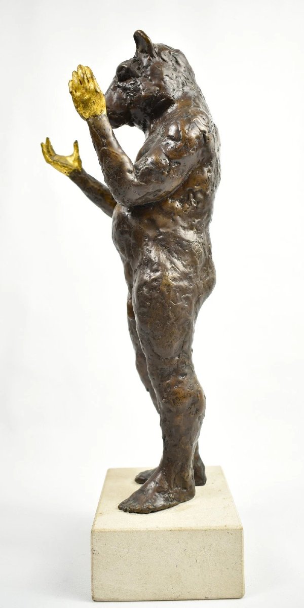 Stephan Balkenhol Bronze Sculpture Mr Doubledream Bear Head Gold Hands-photo-2
