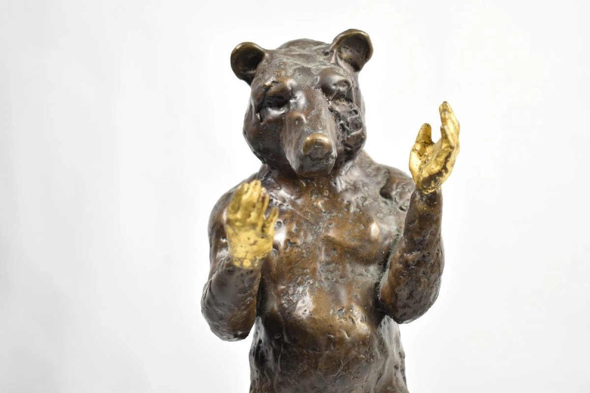 Stephan Balkenhol Bronze Sculpture Mr Doubledream Bear Head Gold Hands-photo-1