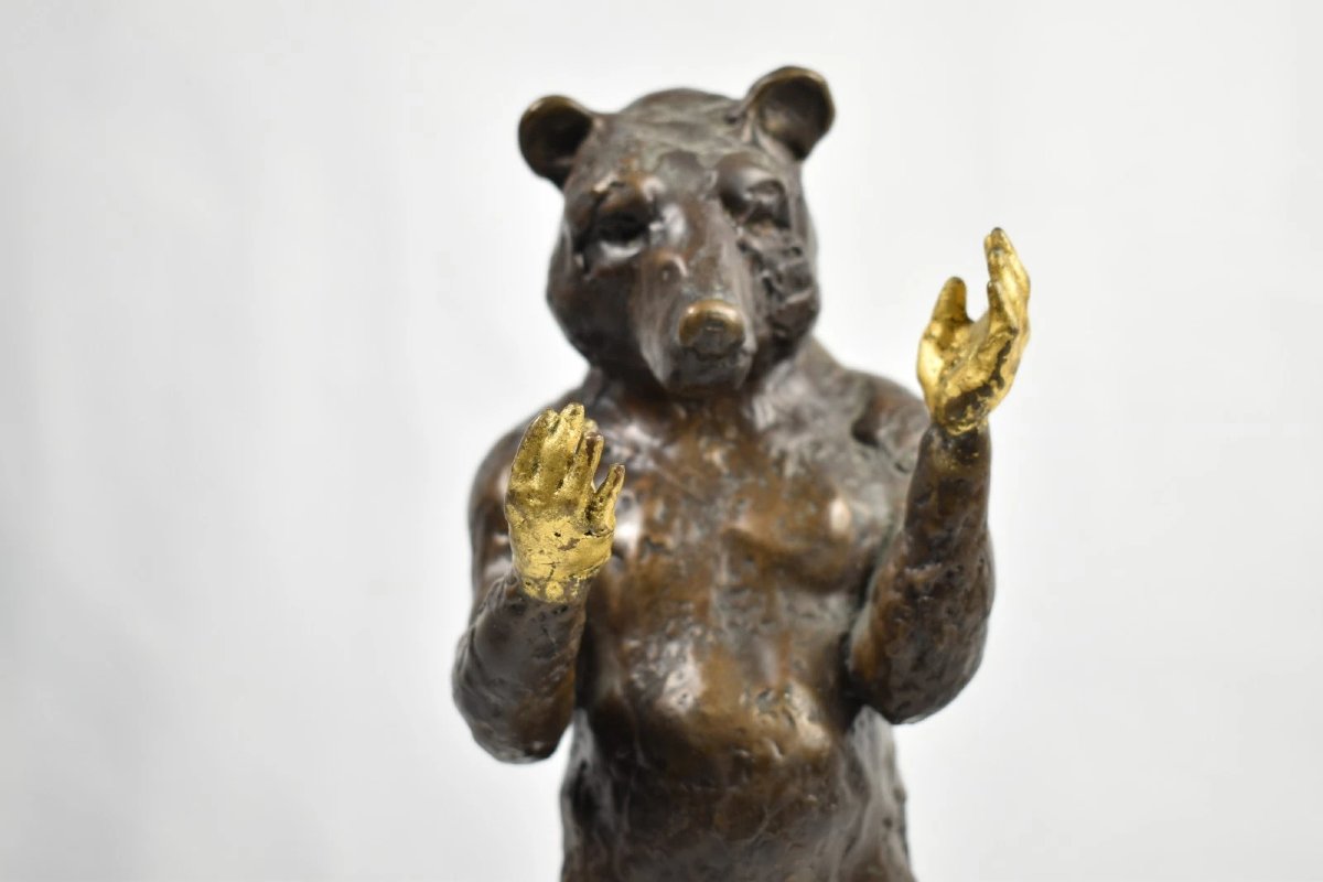 Stephan Balkenhol Bronze Sculpture Mr Doubledream Bear Head Gold Hands-photo-2