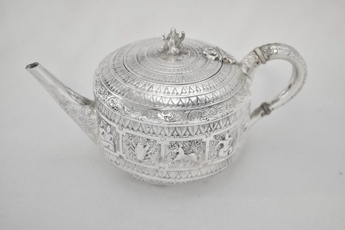 Service à thé ancien en argent massif George Fox, motif zodiaque indien, trois pièces, Londres -photo-2