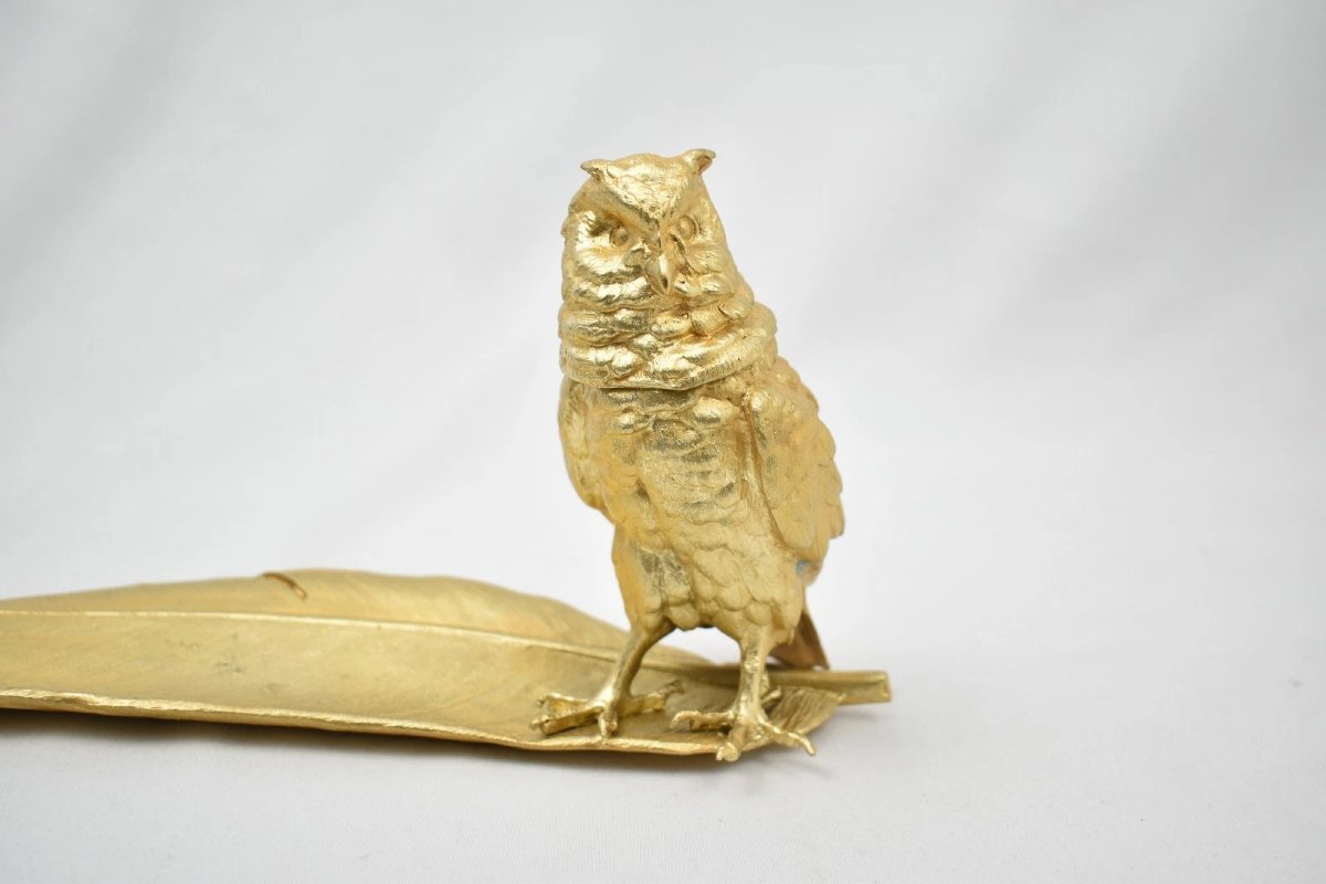 Encrier Encrier Chouette En Bronze Doré Autrichien Signé Bergmann Geschützt-photo-4