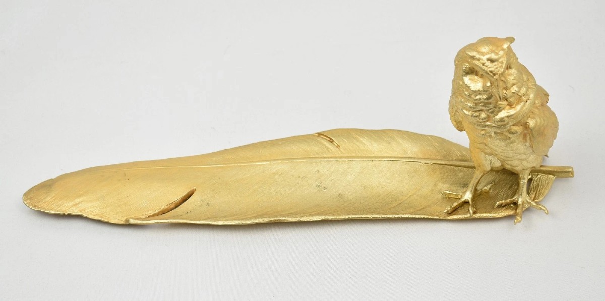 Encrier Encrier Chouette En Bronze Doré Autrichien Signé Bergmann Geschützt