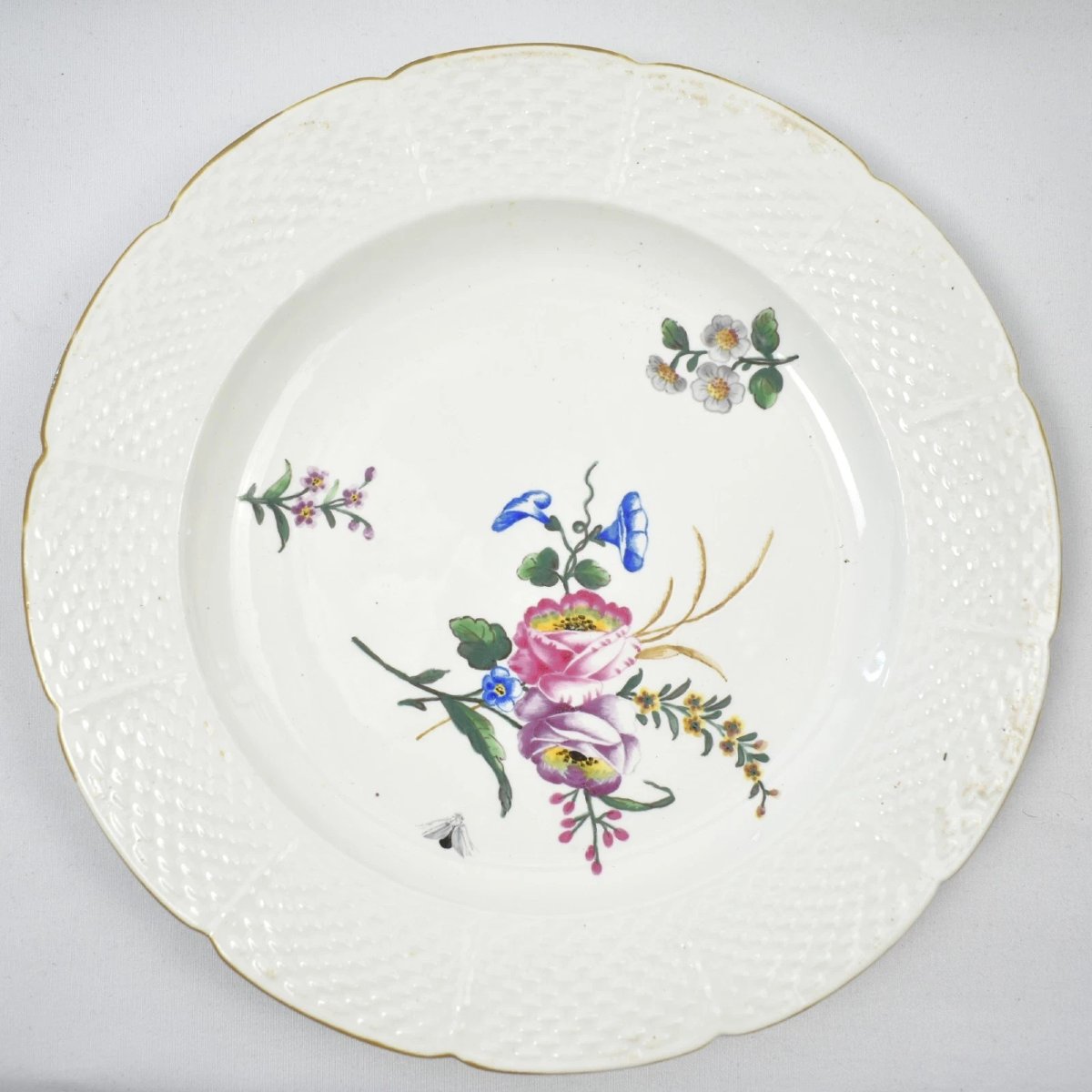 Set Of Eight 18c Chantilly Soft Paste Porcelain Plates Floral Ozier Border-photo-4
