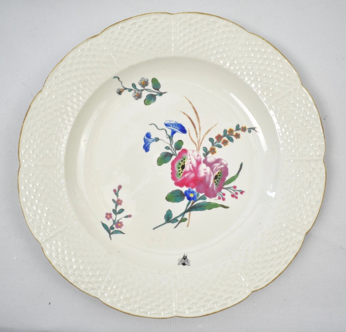 Set Of Eight 18c Chantilly Soft Paste Porcelain Plates Floral Ozier Border-photo-6