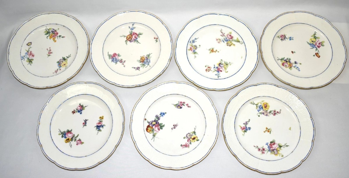 Set Of Seven 18th Century French Sevres Porcelain Plates Floral Circa 1751-175