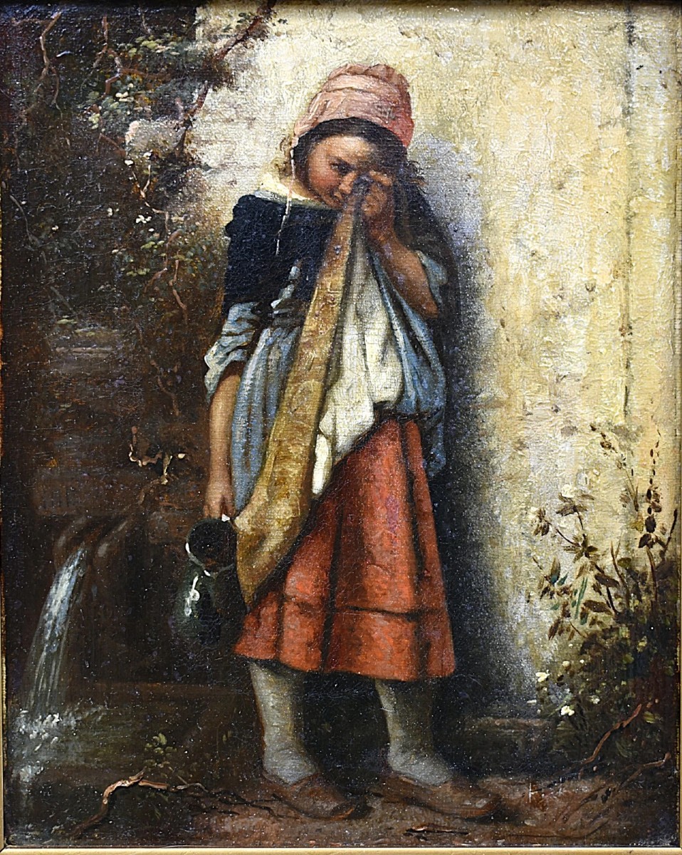 Vincenzo Irolli Oil Painting "young Girl At The Fountain" Framed Art 19c