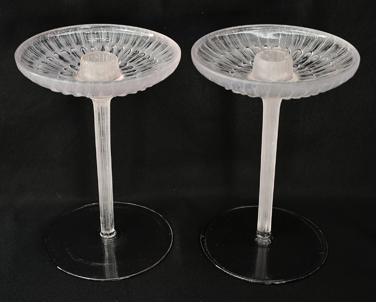 Pair Of R Lalique "marguerites" Candlesticks Clear Frosted Glass C1922