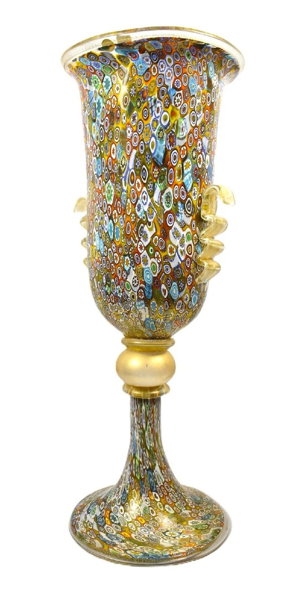 Authentic Murano Millefiori Glass Chalice Urn Vase 24k Gold 022 Label-photo-2